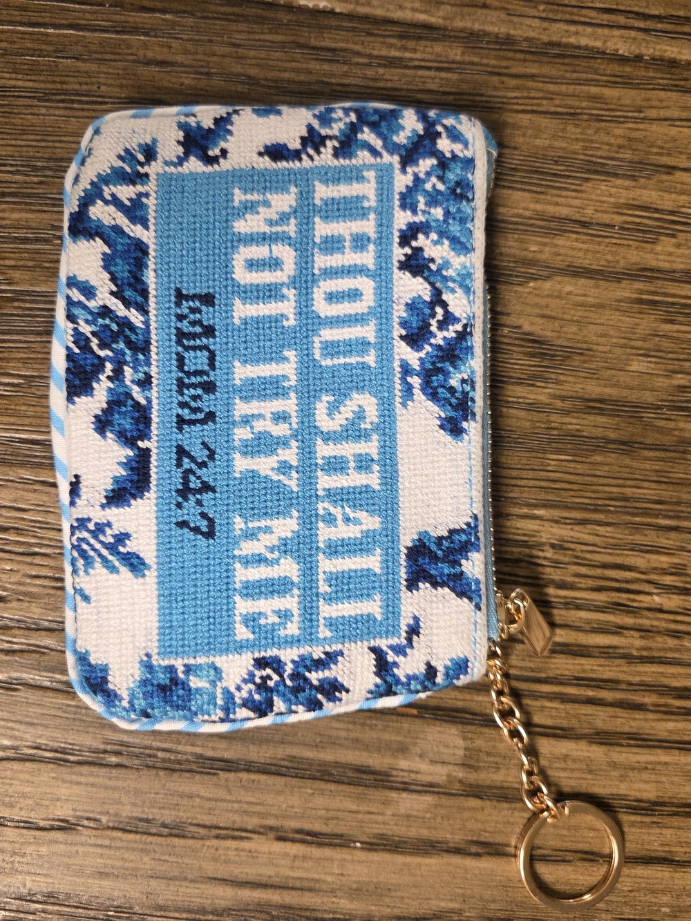 Blue & White Needlepoint Zip Wallet Keychain
